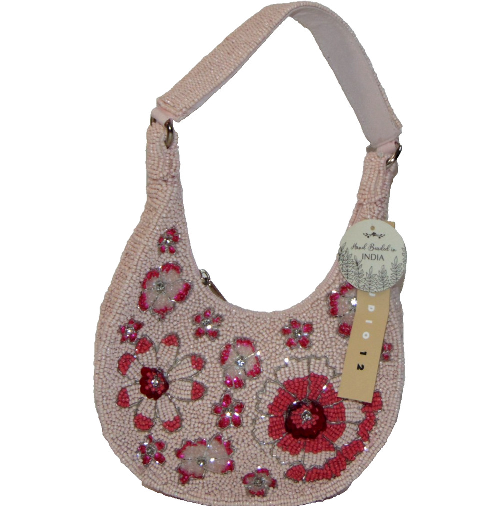 Studio 12 Pink Floral Beaded Mini Hobo Bag Sequin Crescent Shoulder NWT